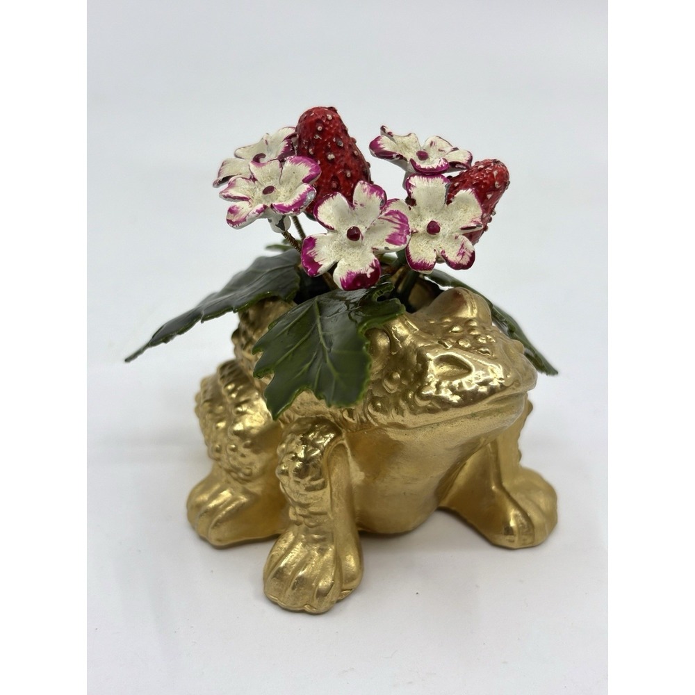 Vtg Brass Metal Frog Toad Enameled Metal Strawberry Floral Design Retro
